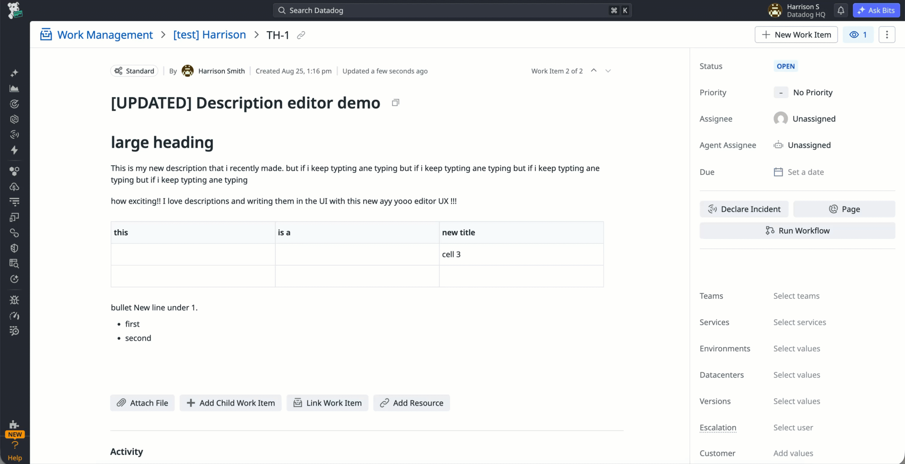 Clicking into a description and editing it in place