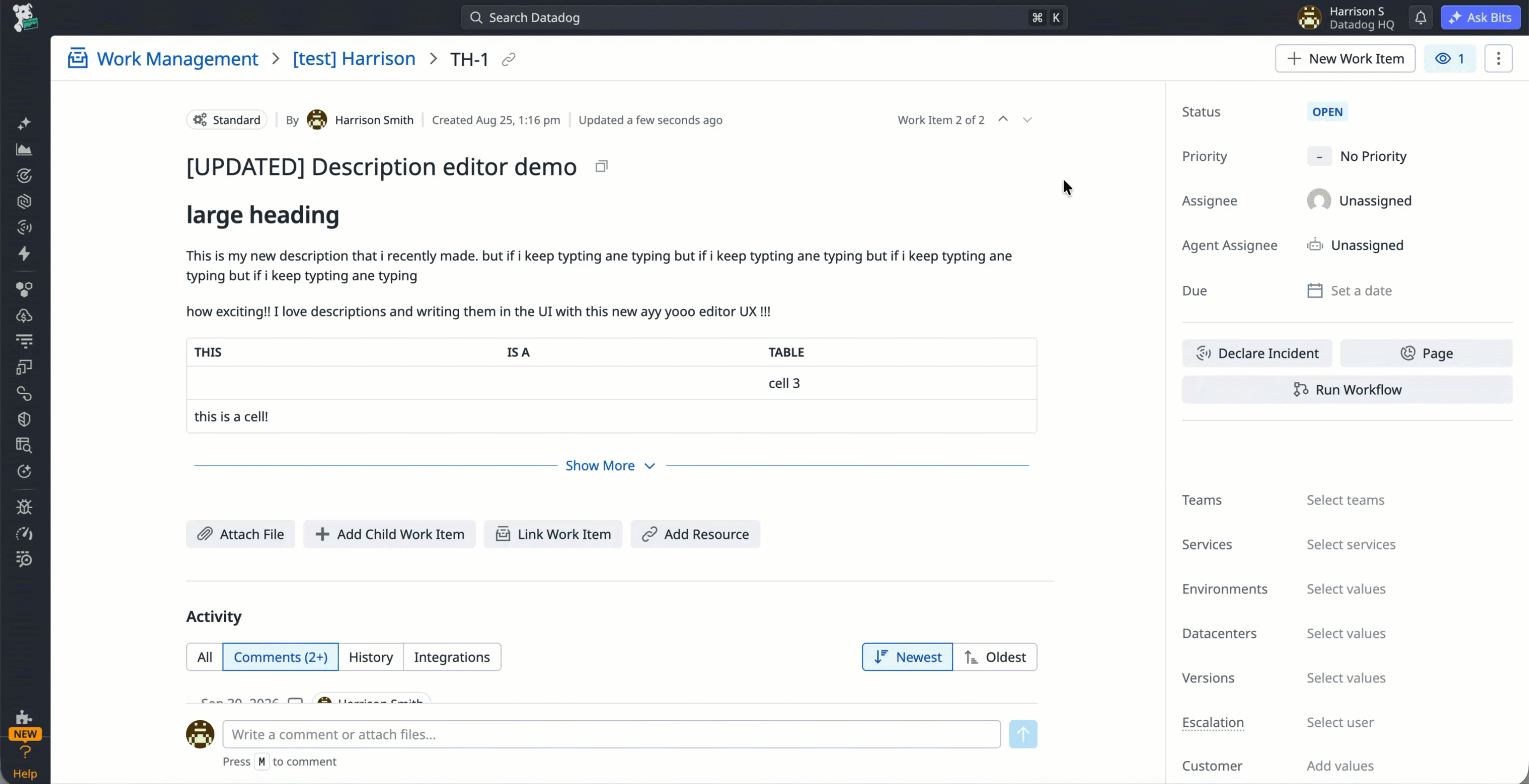 The old description editor: a separate form with raw markdown syntax, including a hand-typed table