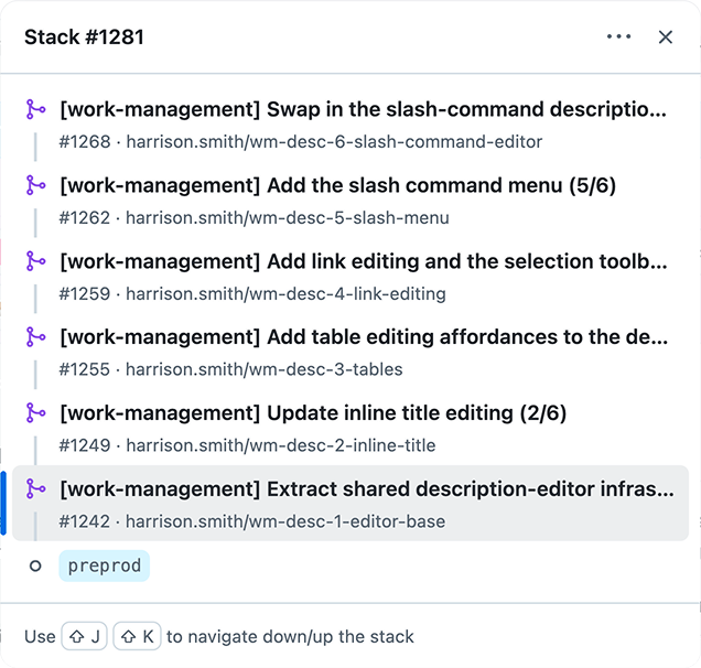 The six stacked PRs in GitHub, from the shared foundation up to switching the editor on