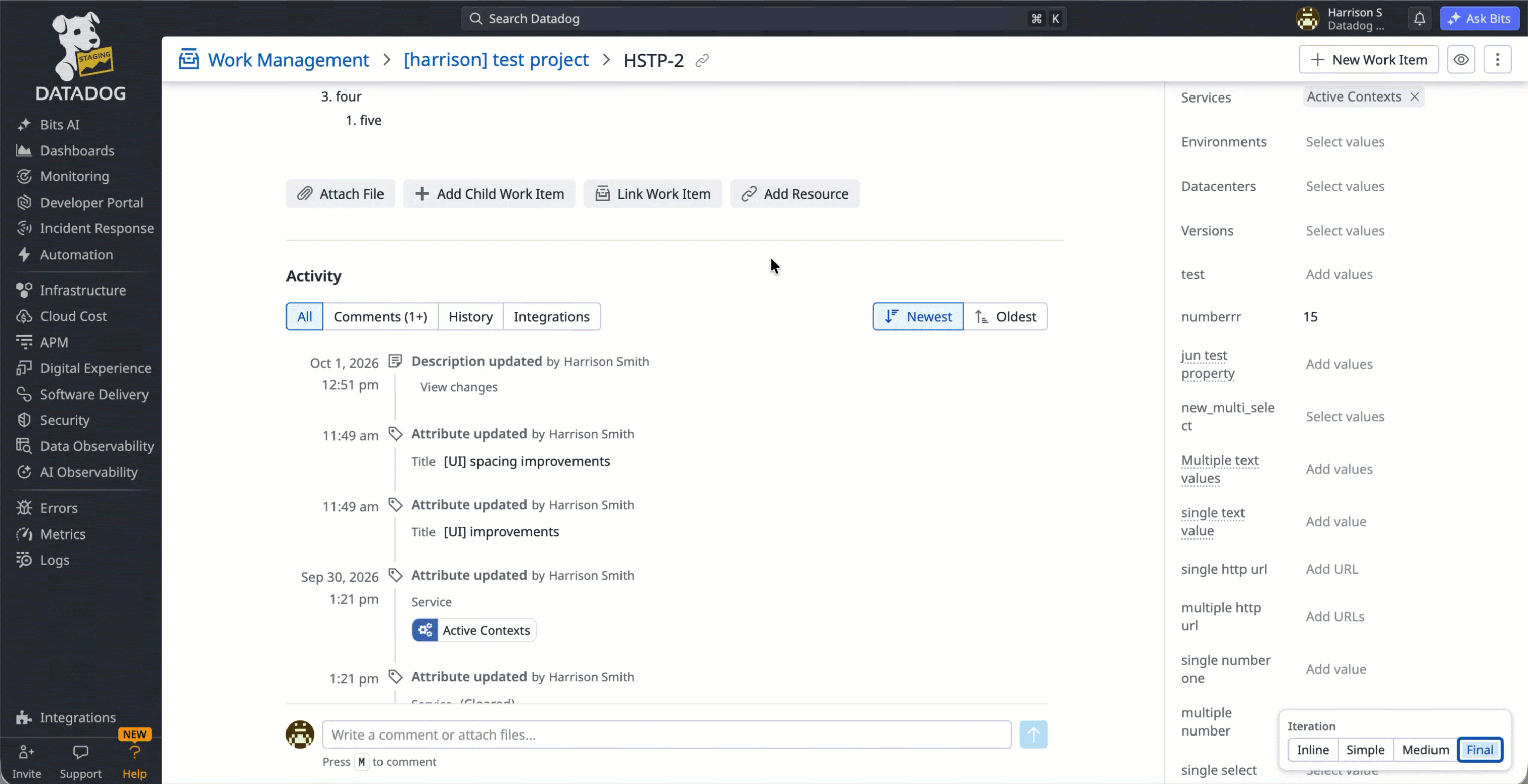 A history modal with a version list, diffs and restore